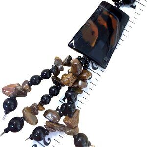 Tigers Eye Black Onyx Long Necklace With Pendant & Tassel, Earth Tones, Neutral,
